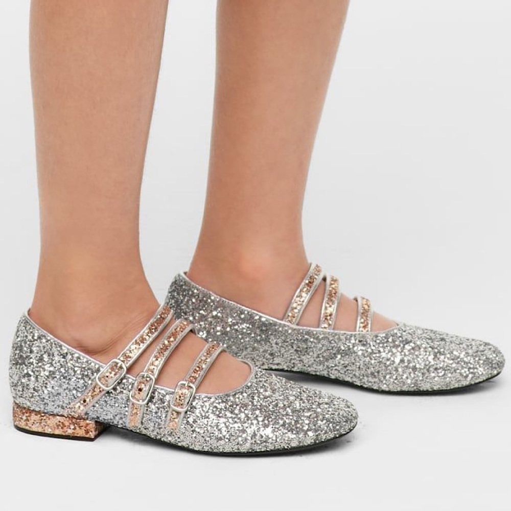 Zara Limited Edition Silver Rose Gold Glitter Strap Mary Jane Ballet Flat 37